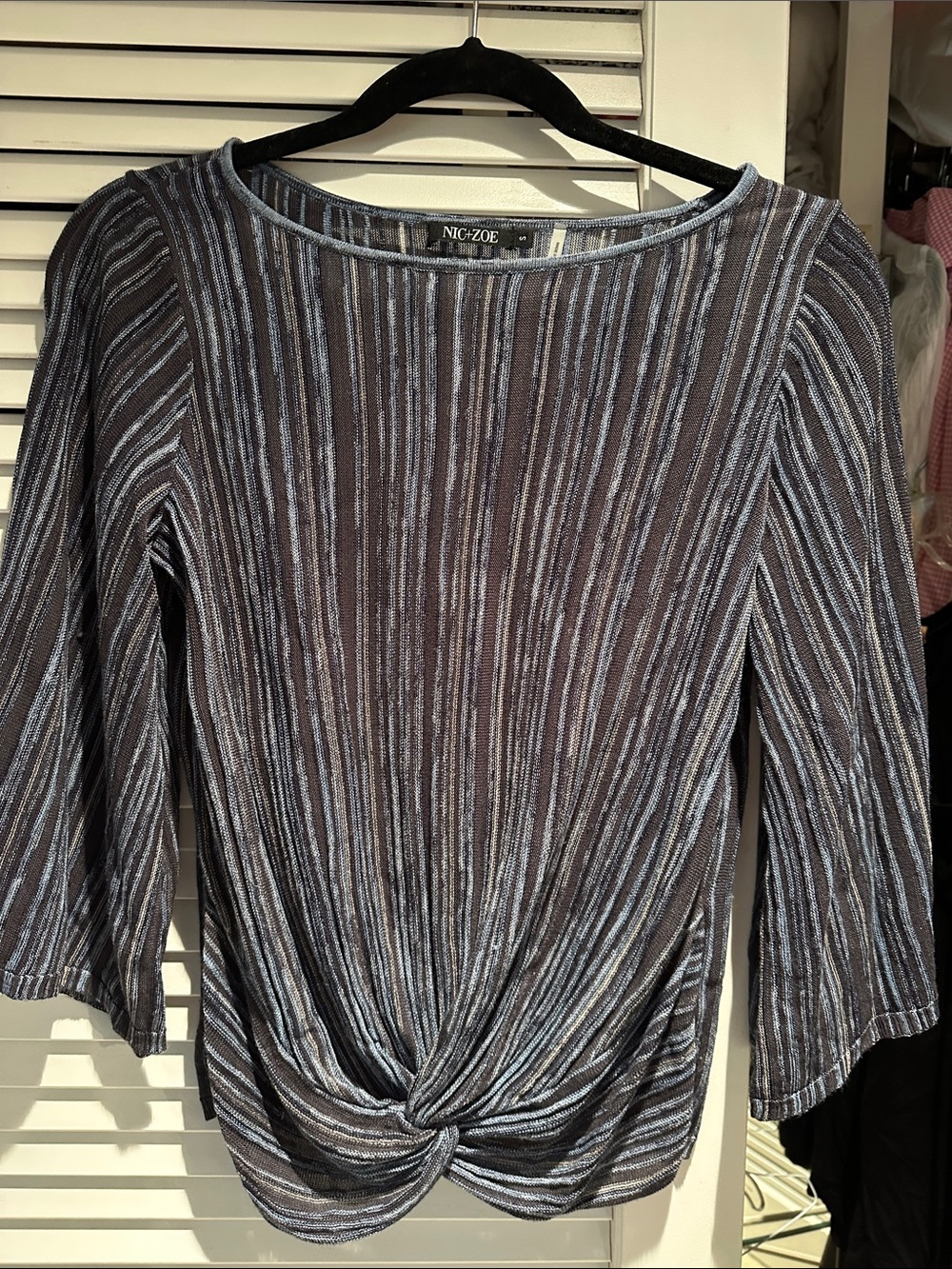 NIC+ZOE Blue and Gray Striped Twist-Front 3/4 length sleeve